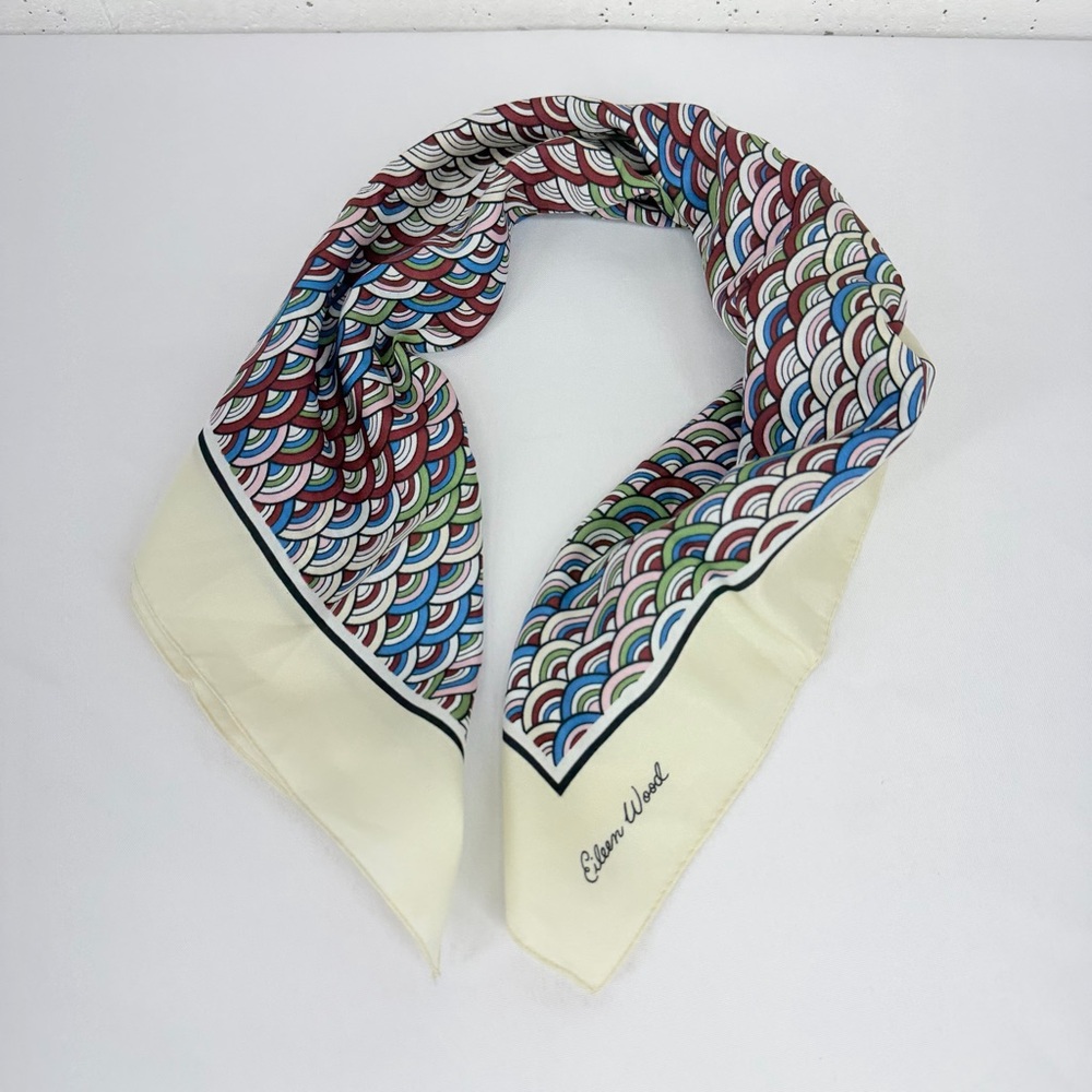 Vintage Eileen Wood Ivory Maroon Blue Green Print Scarf